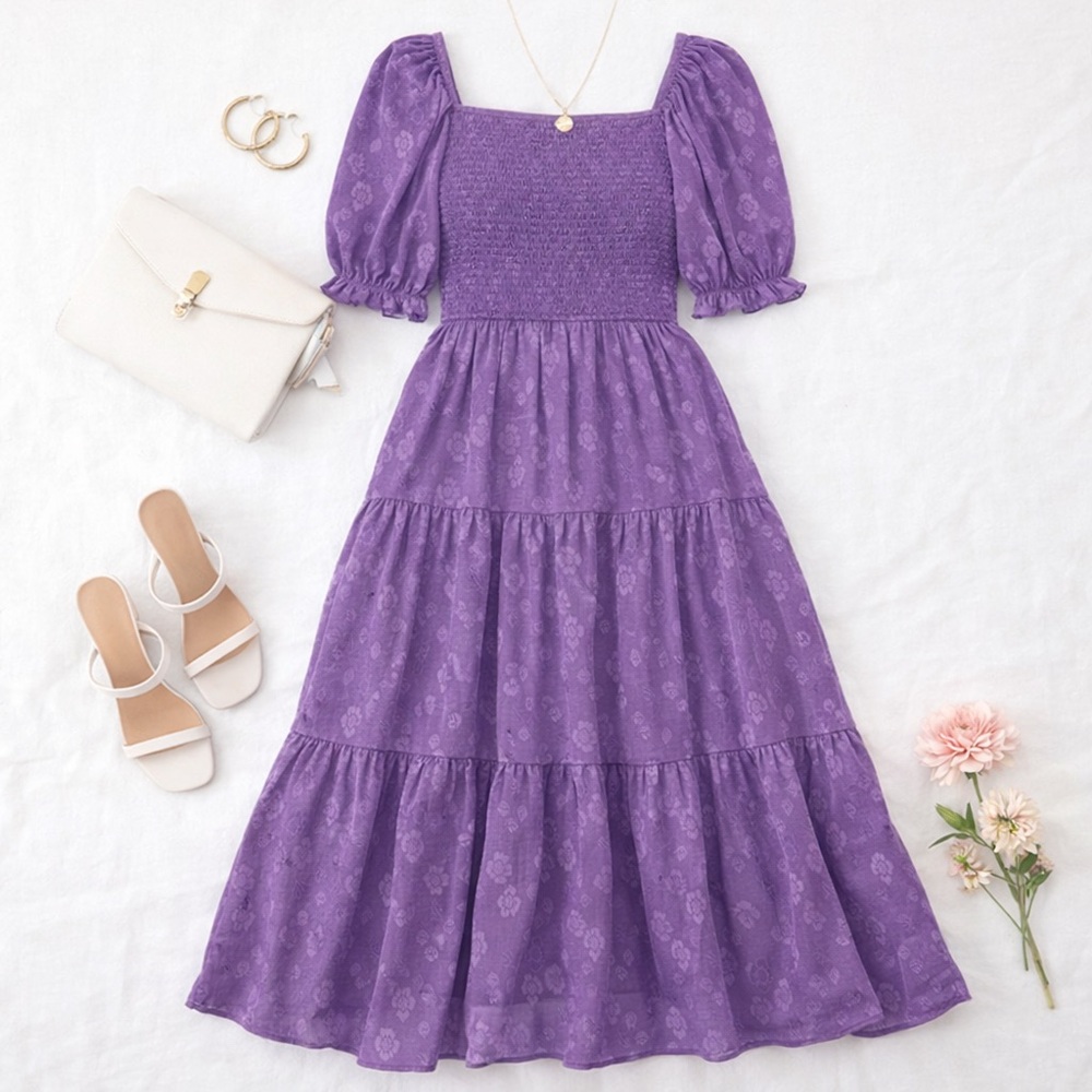Purple Smocked Midi Dress Jacquard Silky Pockets Tiered | M